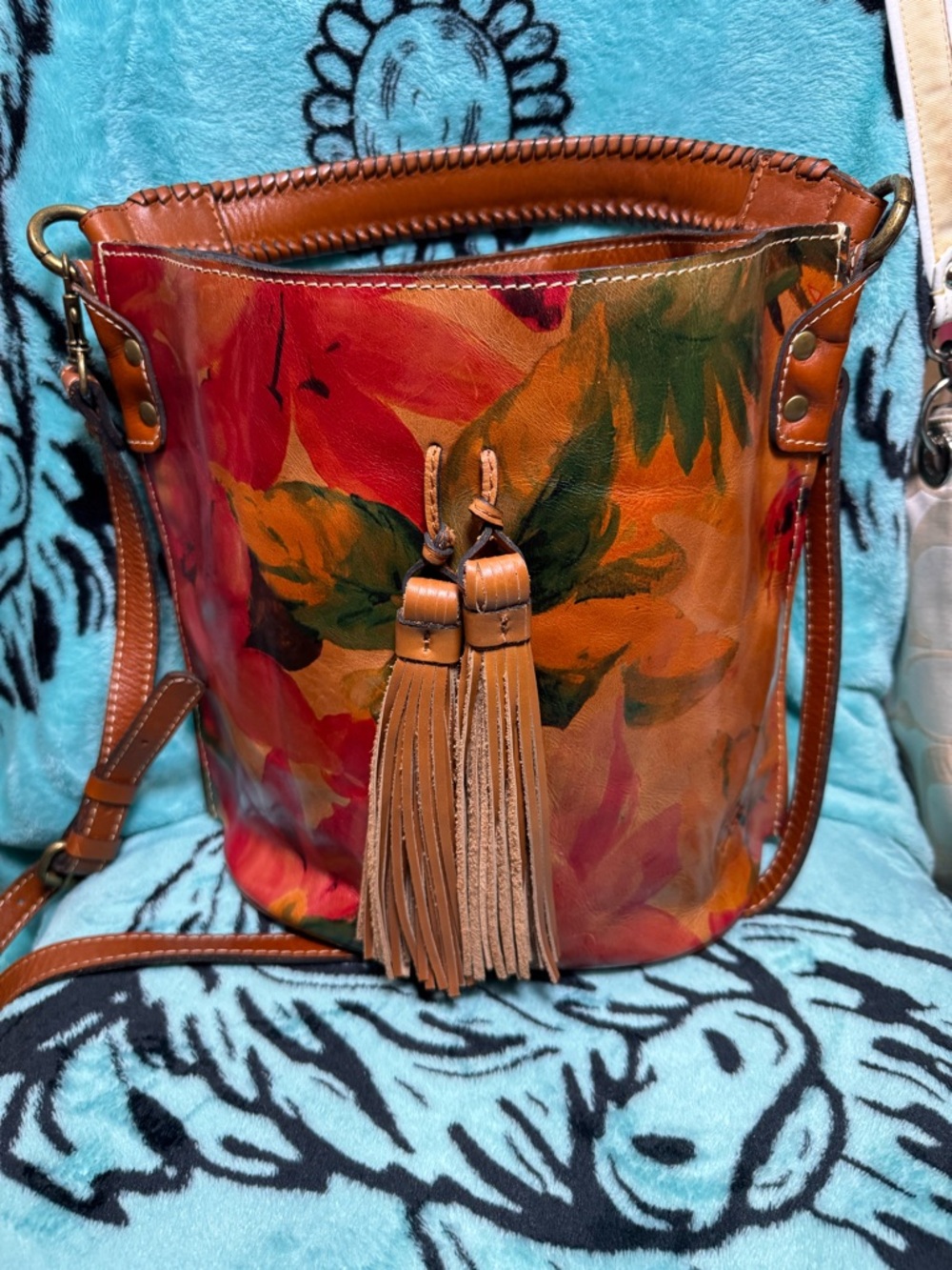 Patricia Nash Floral Hand-Painted Leather Bucket Bag - Red, Orange, Green